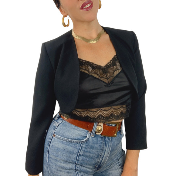 90's black cropped blazer LAUNDRY by SHELLI SEGAL - Picture 1 of 11